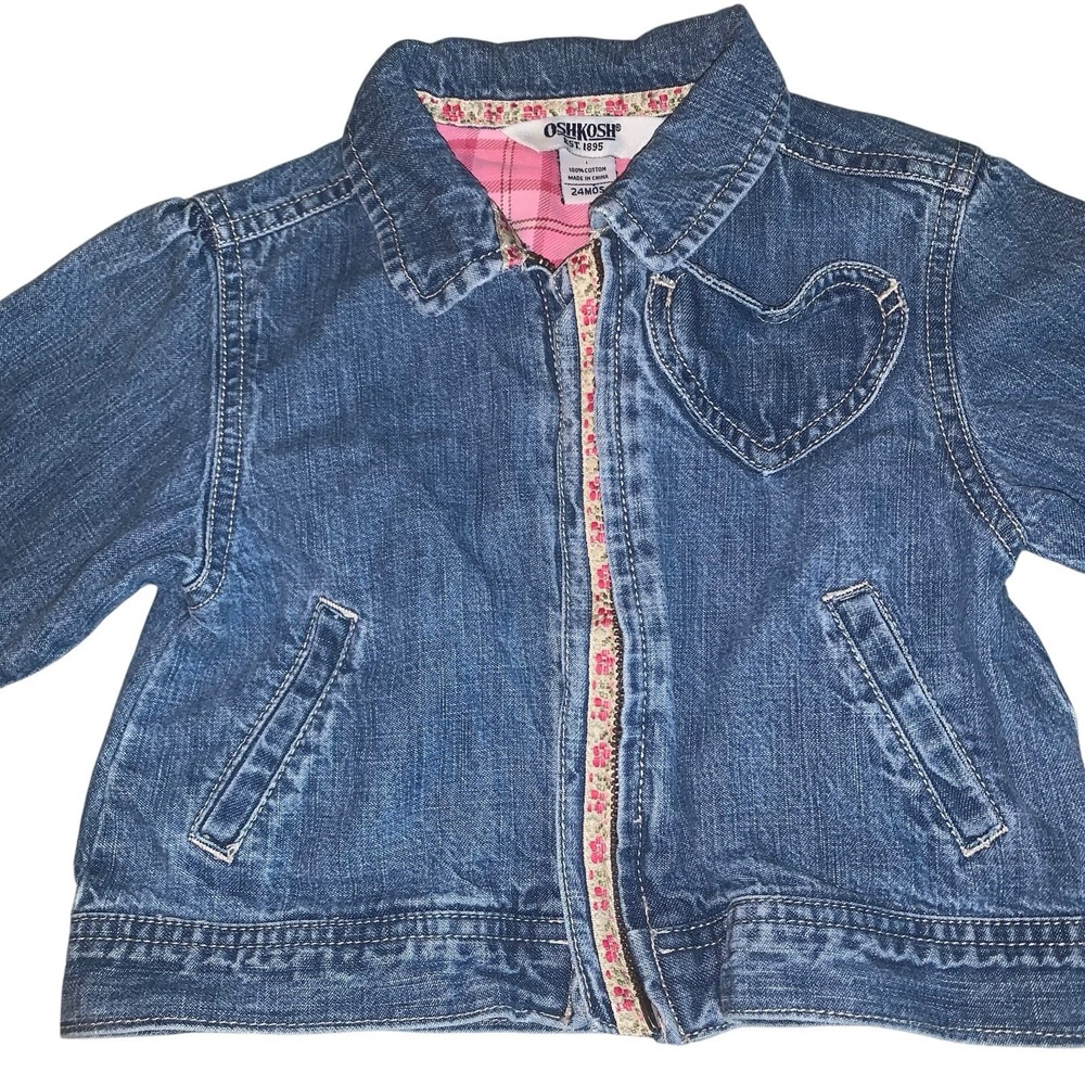 Oshkosh Girls Denim Jacket Toddler 24mo Blue Pink Flower Heart Shape Pocket Zip